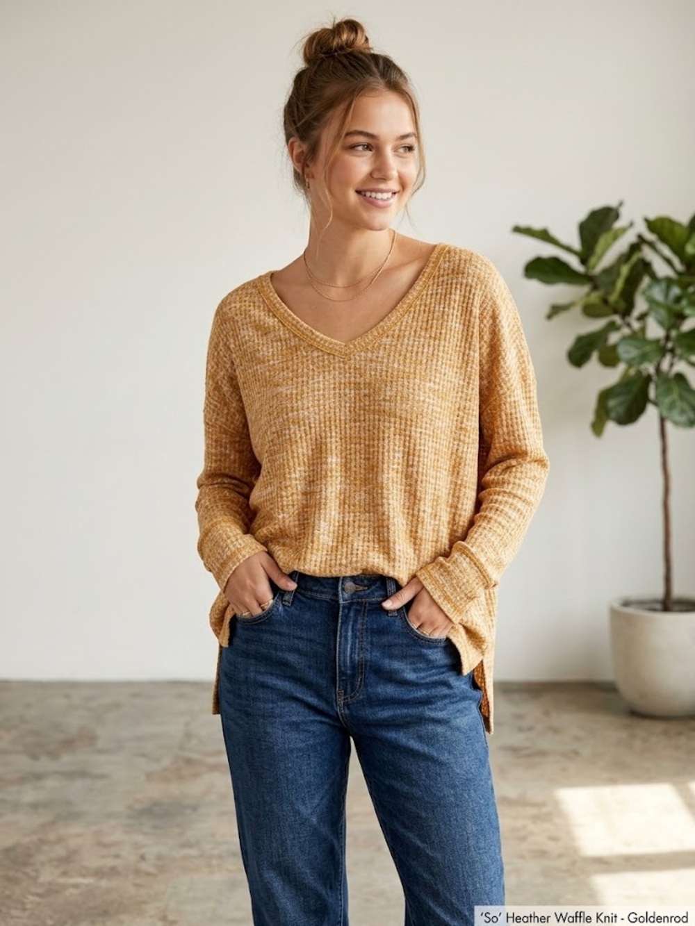 SO Goldenrod Marbled Heather Wide Scoop Neck Waffle-Knit Sweater Yellow NWOT